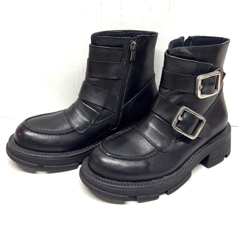 MIZ MOOZ LEATHER BOOTS BUCKLE SIDE ZIPPER BLACK 37EU / 7US NEW # Z-233 - Picture 2 of 5